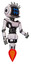 Cyborg containing digital display head and hashtag face and eye lashes deco and light chest exoshielding and ultralight chest exosuit and jet propulsion. White halftone toon. Facing left view.