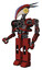 Automaton containing bird skull head and brass steampunk eyes and head shield design and heavy upper chest and no chest plating and prototype exoplate legs. Cherry tomato red. Facing right view.
