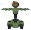Droid containing oval wide head and red horizontal visor and green led ornament and light chest exoshielding and prototype exoplate chest and tank tracks. Grass green. T-pose.