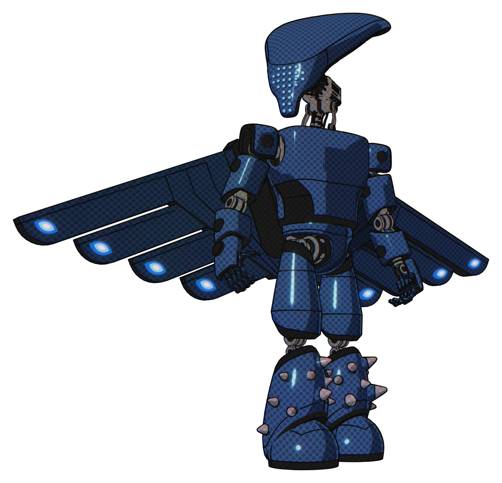 Mech containing flat elongated skull head and light chest exoshielding and prototype exoplate chest and cherub wings design and light leg exoshielding and spike foot mod. Dark blue halftone.