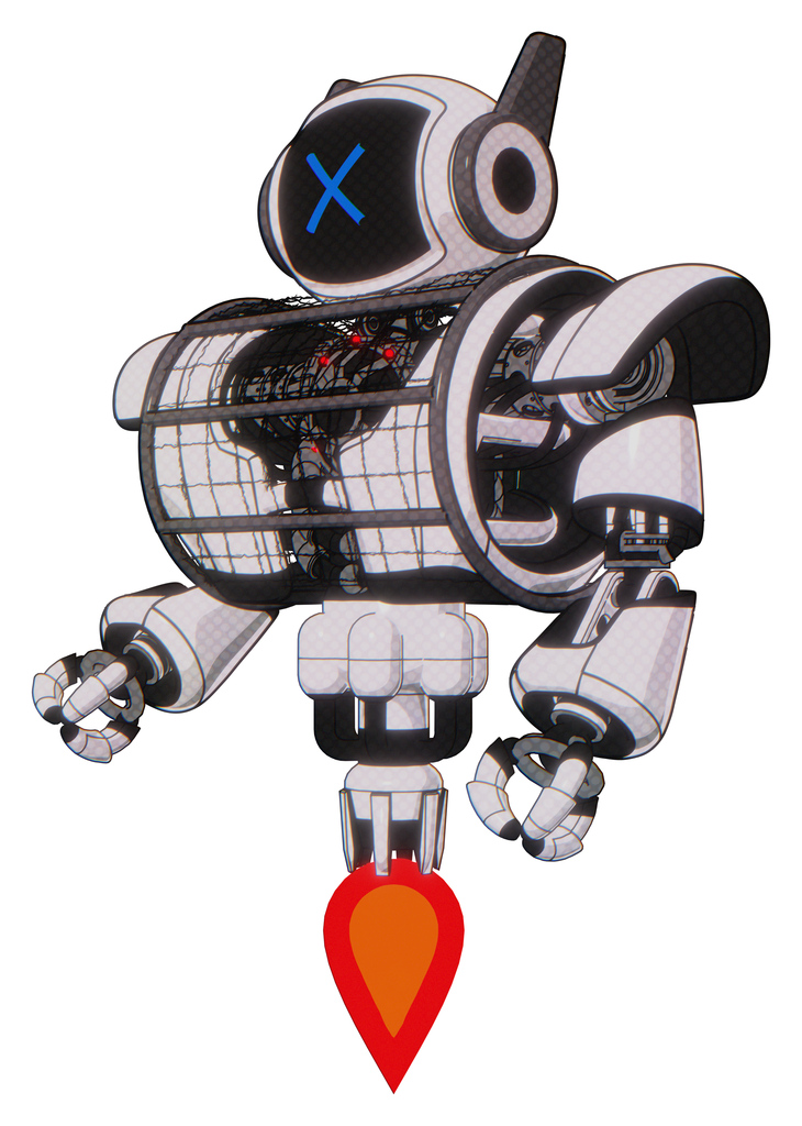 Mech containing digital display head and x face and winglets and heavy upper chest and heavy mech chest and barbed wire chest armor cage and jet propulsion. White halftone toon. Facing right view.