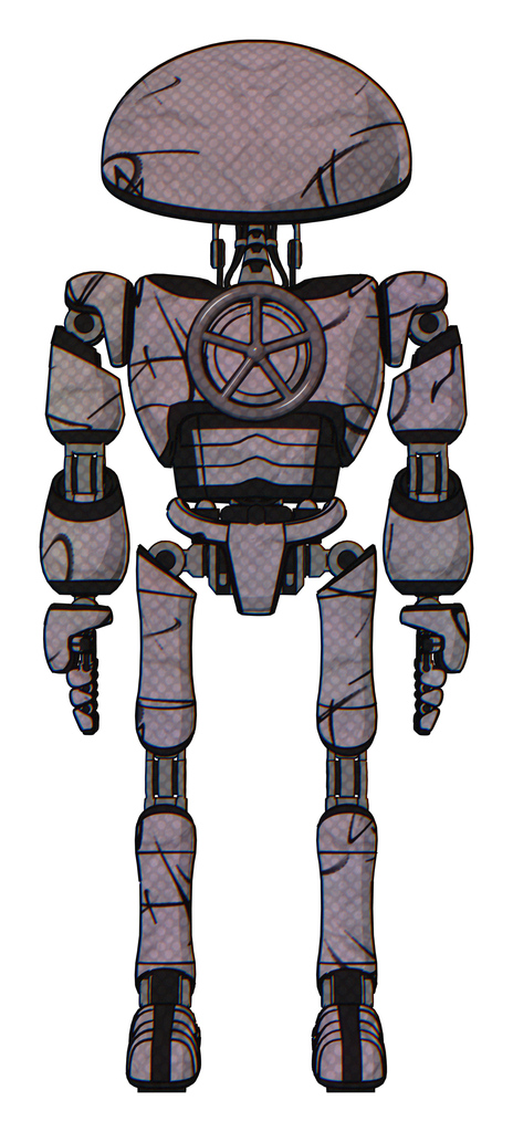 Robot containing dome head and light chest exoshielding and chest valve crank and ultralight foot exosuit. Dark sketch doodle. Front view.