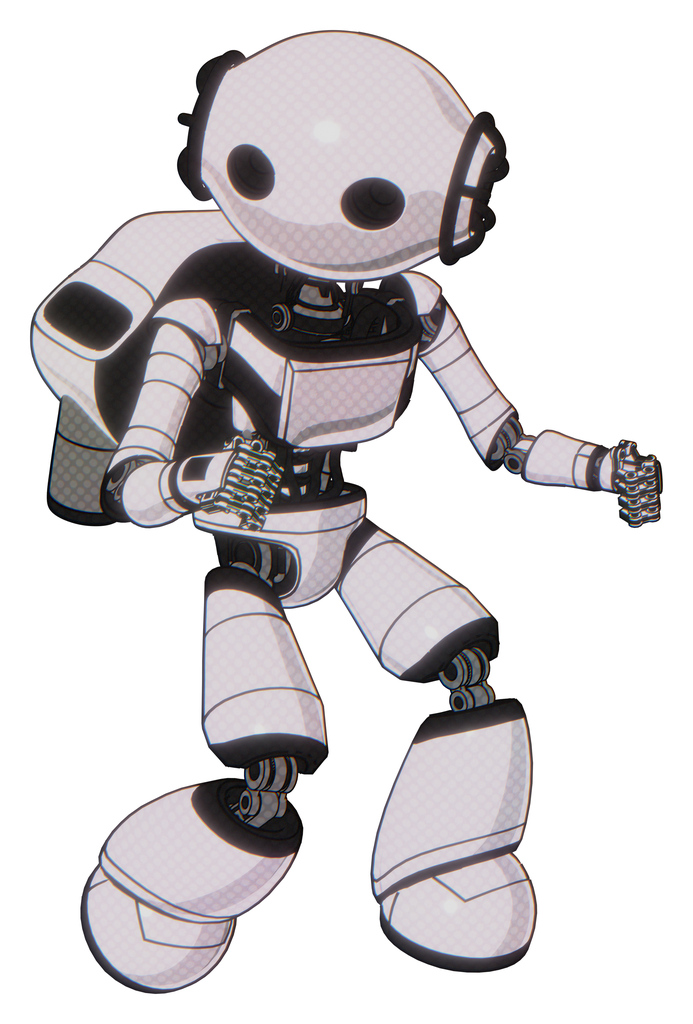 Cyborg containing oval wide head and light chest exoshielding and ultralight chest exosuit and rocket pack and light leg exoshielding. White halftone toon. Fight or defense pose..