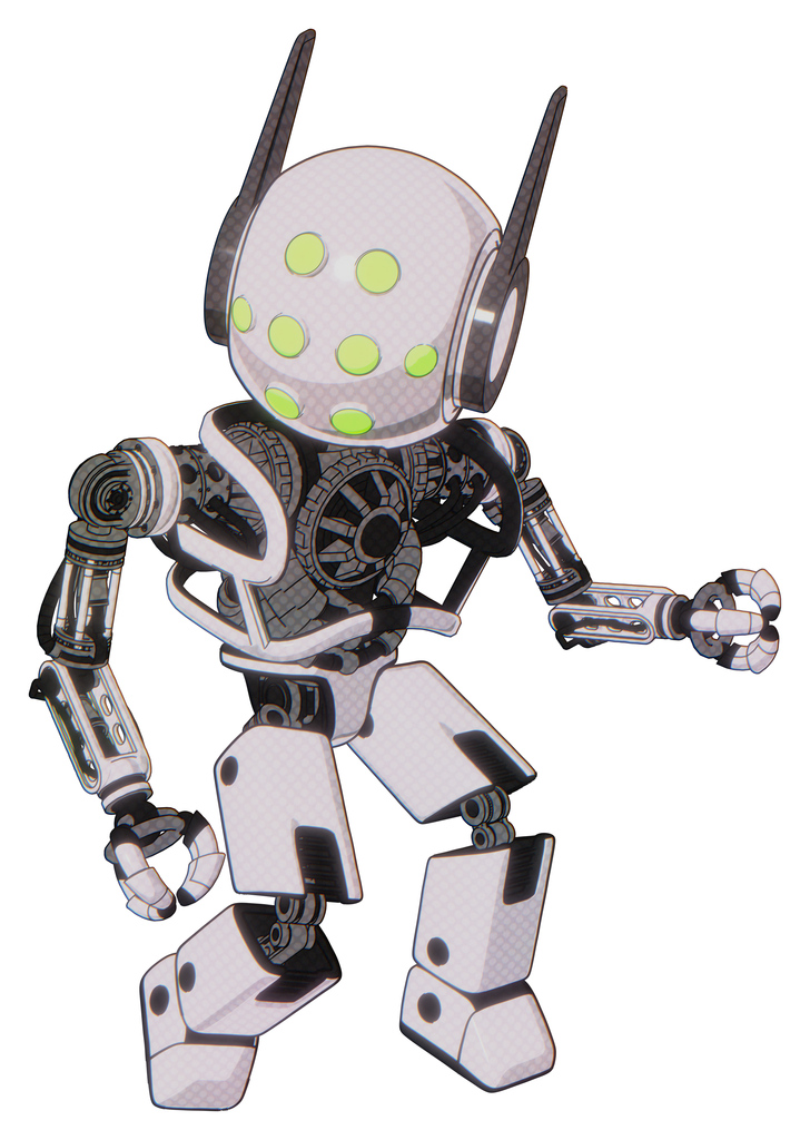 Bot containing round head and green eyes array and head winglets and heavy upper chest and no chest plating and prototype exoplate legs. White halftone toon. Fight or defense pose..