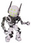 Bot containing round head and green eyes array and head winglets and heavy upper chest and no chest plating and prototype exoplate legs. White halftone toon. Fight or defense pose..
