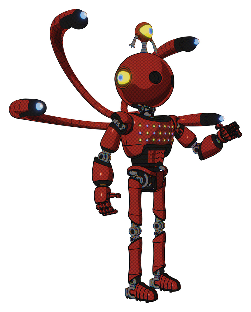 Bot containing oval wide head and minibot ornament and light chest exoshielding and chest green blue lights array and blue-eye cam cable tentacles and ultralight foot exosuit. Cherry tomato red.