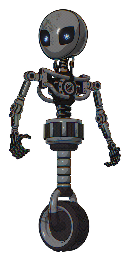 Mech containing grey alien style head and electric eyes and light chest exoshielding and no chest plating and unicycle wheel. Patent concrete gray metal. Hero pose.