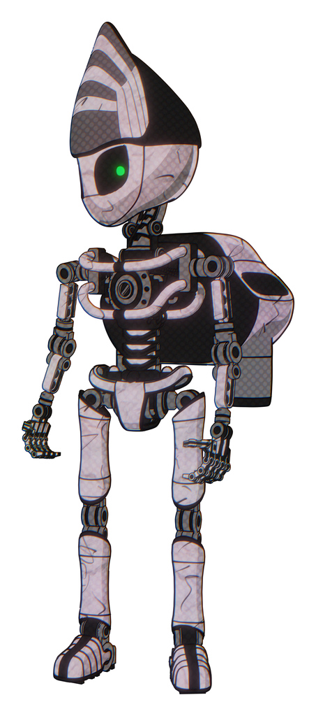 Bot containing grey alien style head and green inset eyes and light chest exoshielding and rocket pack and no chest plating and ultralight foot exosuit. Sketch pad doodle lines.