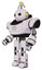 Robot containing oval wide head and minibot ornament and heavy upper chest and prototype exoplate legs. White halftone toon. Facing right view.
