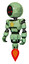 Mech containing three led eyes round head and light chest exoshielding and yellow star and jet propulsion. Green tint toon. Standing looking right restful pose.