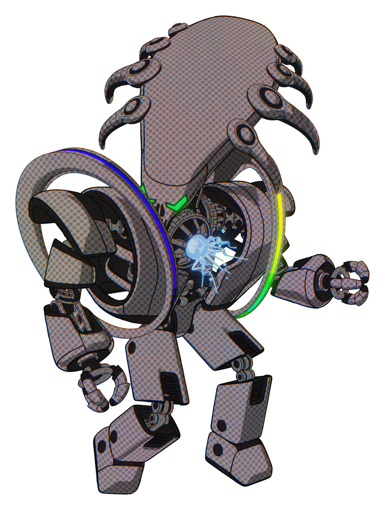 Android containing flat elongated skull head and heavy upper chest and heavy mech chest and spectrum fusion core chest and prototype exoplate legs. Halftone gray. Fight or defense pose..