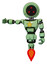 Mech containing three led eyes round head and light chest exoshielding and yellow star and jet propulsion. Green tint toon. Arm out holding invisible object..