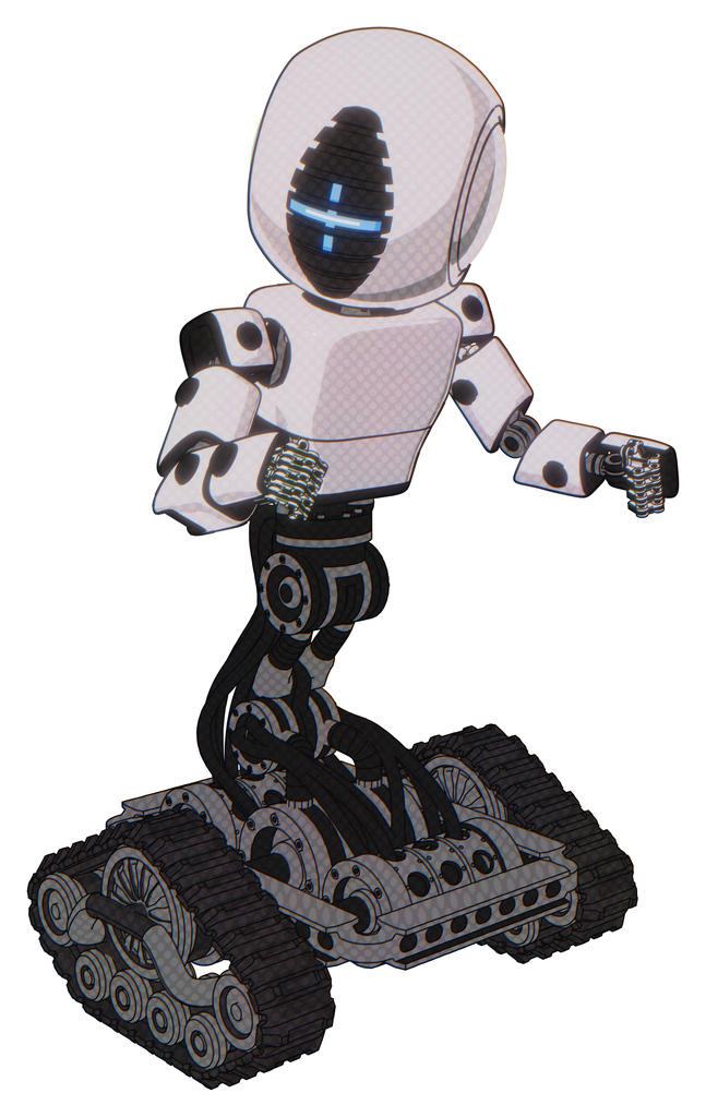 Droid containing round head and vertical cyclops visor and light chest exoshielding and prototype exoplate chest and tank tracks. White halftone toon. Fight or defense pose..