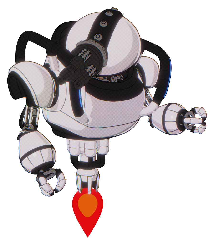 Mech containing gatling gun face design and heavy upper chest and blue strip lights and jet propulsion. White halftone toon. Fight or defense pose..