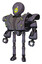 Bot containing grey alien style head and yellow eyes with blue pupils and heavy upper chest and heavy mech chest and green cable sockets array and ultralight foot exosuit. Light lavender metal.