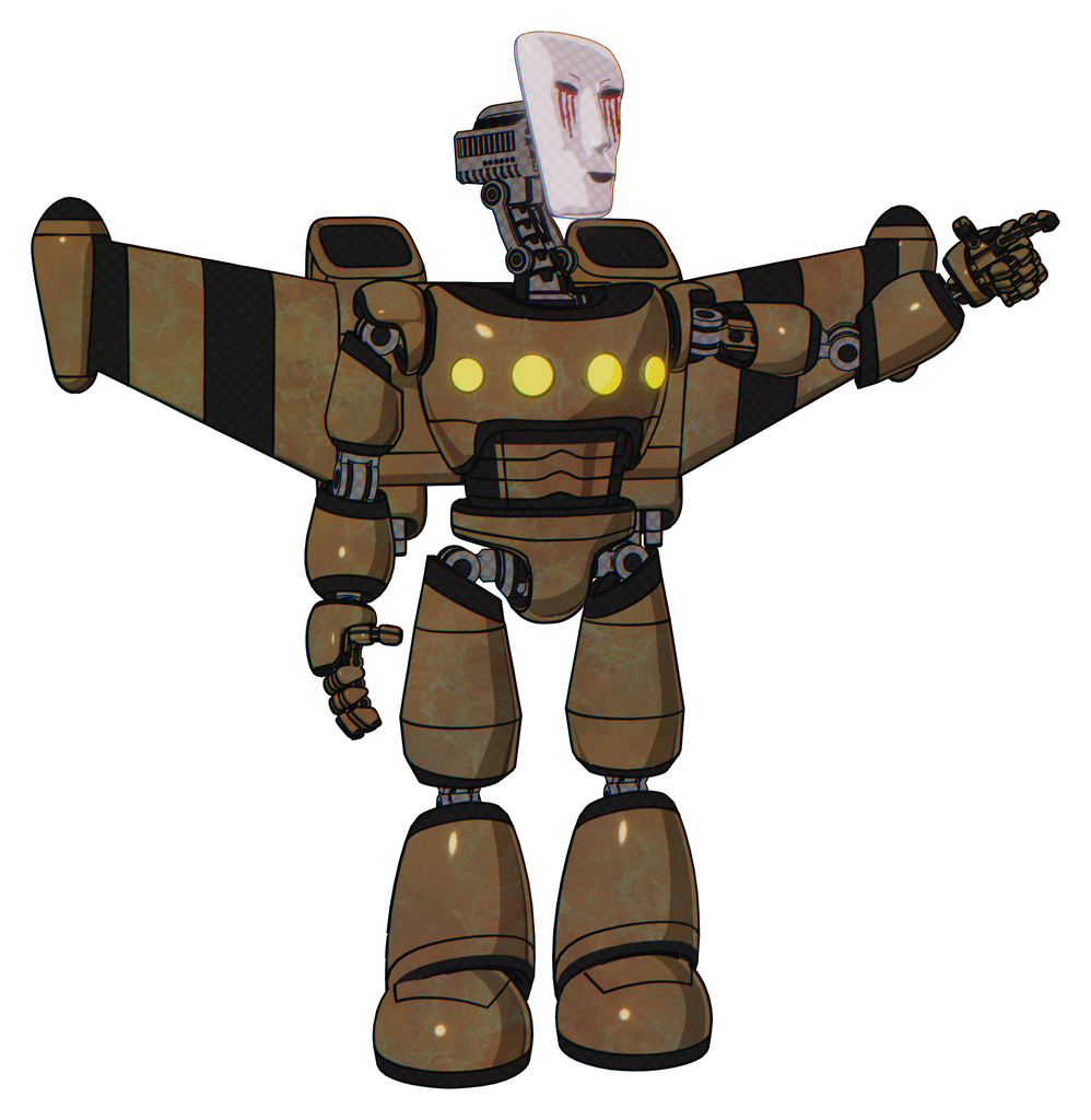 Automaton containing humanoid face mask and blood tears and light chest exoshielding and yellow chest lights and stellar jet wing rocket pack and light leg exoshielding. Old copper.