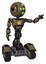 Droid containing round head and green eyes array and head light gadgets and light chest exoshielding and yellow star and tank tracks. Desert tan painted. Pointing left or pushing a button..