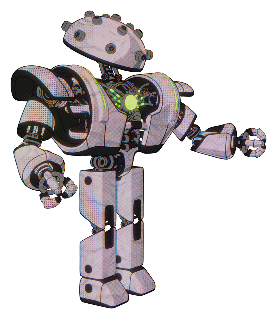 Cyborg containing plughead dome design and heavy upper chest and heavy mech chest and green energy core and prototype exoplate legs. Sketch pad dots pattern. Interacting.