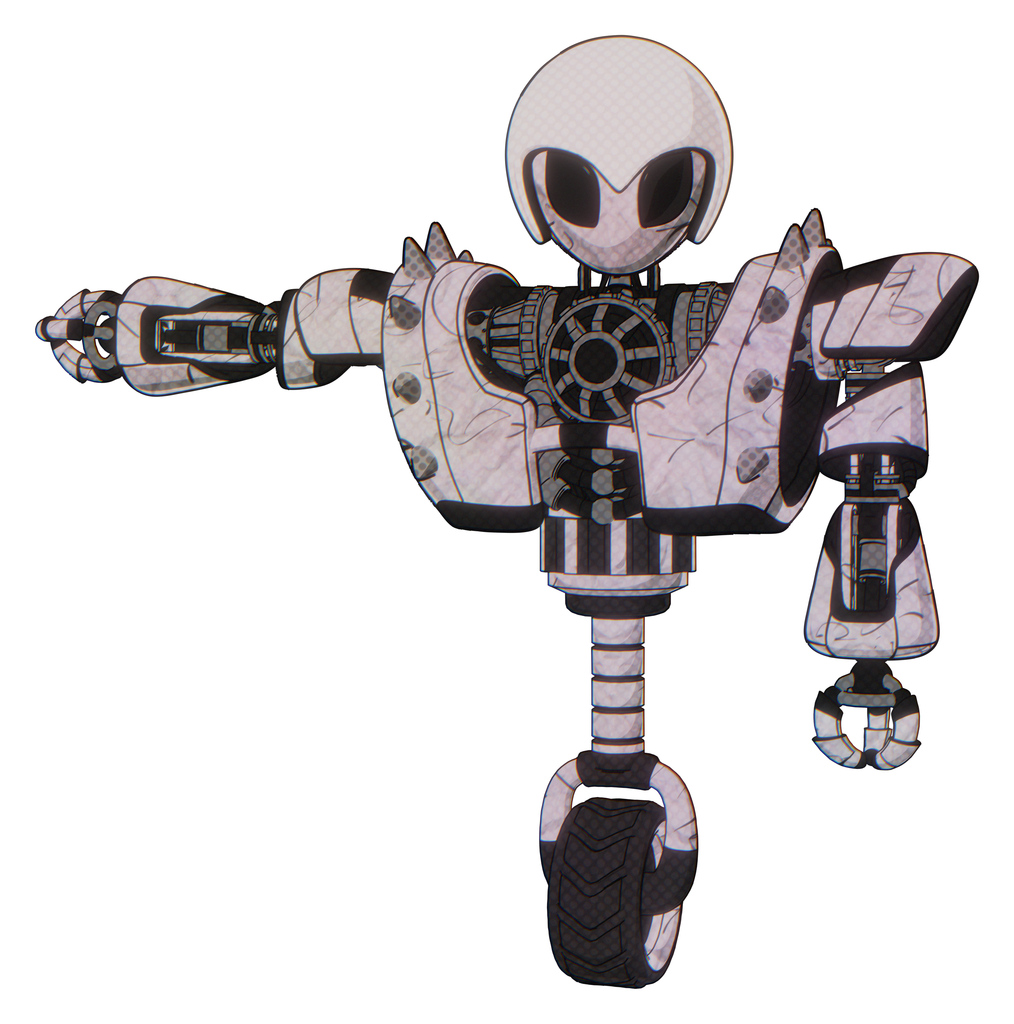 Robot containing grey alien style head and black eyes and helmet and heavy upper chest and heavy mech chest and shoulder spikes and unicycle wheel. Sketch pad doodle lines.