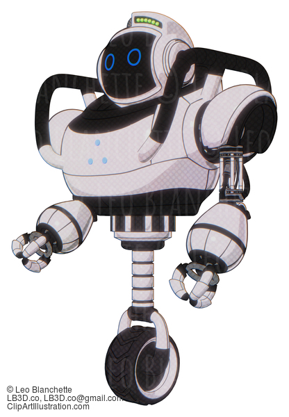 Android Containing Digital Display Head And Circle Eyes And Green Led Array And Heavy Upper Chest And Triangle Of Blue Leds And Unicycle Wheel. White Halftone Toon. Facing Right View. #17022