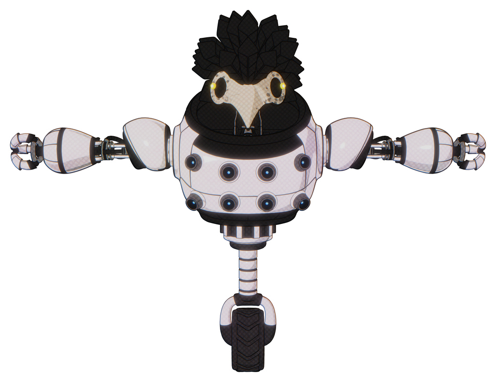 Robot containing bird skull head and yellow led protruding eyes and crow feather design and heavy upper chest and chest energy sockets and unicycle wheel. White halftone toon. T-pose.