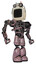 Bot containing old computer monitor and old computer magnetic tape and heavy upper chest and no chest plating and light leg exoshielding. Grayish pink. Hero pose.
