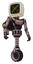 Automaton containing old computer monitor and colored x display and light chest exoshielding and ultralight chest exosuit and rocket pack and unicycle wheel. Powder pink metal. Hero pose.