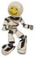 Robot containing round head yellow happy face and light chest exoshielding and cable sash and light leg exoshielding and stomper foot mod. Off white toon. Fight or defense pose..
