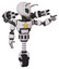 Droid containing grey alien style head and led array eyes and bug antennas and light chest exoshielding and yellow star and minigun back assembly and unicycle wheel. White halftone toon.