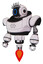 Mech containing digital display head and circle face and eye lashes deco and heavy upper chest and jet propulsion. White halftone toon. Standing looking right restful pose.