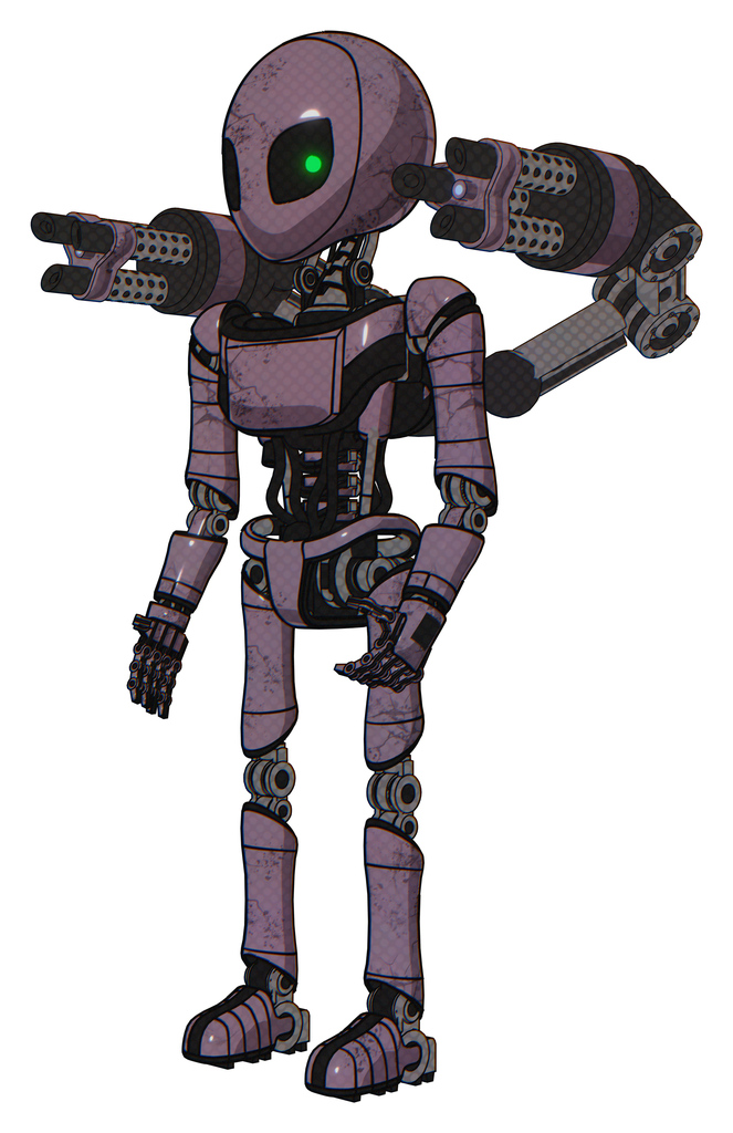 Bot containing grey alien style head and green inset eyes and light chest exoshielding and ultralight chest exosuit and minigun back assembly and ultralight foot exosuit. Lilac metal.
