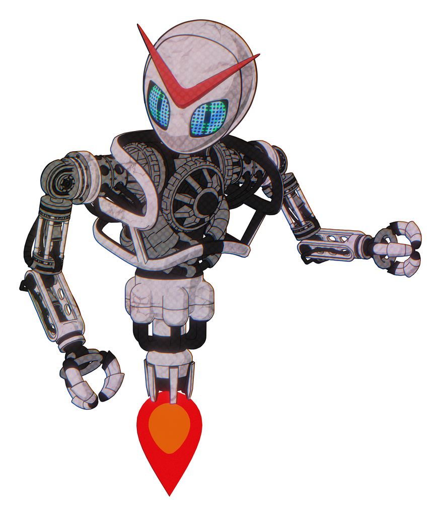 Robot containing grey alien style head and blue grate eyes and heavy upper chest and no chest plating and jet propulsion. Sketch pad light. Fight or defense pose..