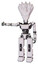 Bot containing flat elongated skull head and spikes, and light chest exoshielding and ultralight chest exosuit and prototype exoplate legs. White halftone toon. Arm out holding invisible object..