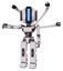 Bot containing round head and large vertical visor and light chest exoshielding and ultralight chest exosuit and blue-eye cam cable tentacles and prototype exoplate legs. White halftone toon.