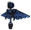Mech containing digital display head and circle eyes and eye lashes deco and light chest exoshielding and ultralight chest exosuit and cherub wings design and unicycle wheel. Grunge dark blue.