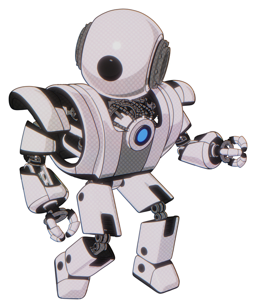 Bot containing round head and large cyclops eye and heavy upper chest and heavy mech chest and blue energy fission element chest and prototype exoplate legs. White halftone toon.
