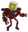 Cyborg containing old computer monitor and yellow circle array display and heavy upper chest and heavy mech chest and ultralight foot exosuit. Grunge dots cherry tomato red. Fight or defense pose..