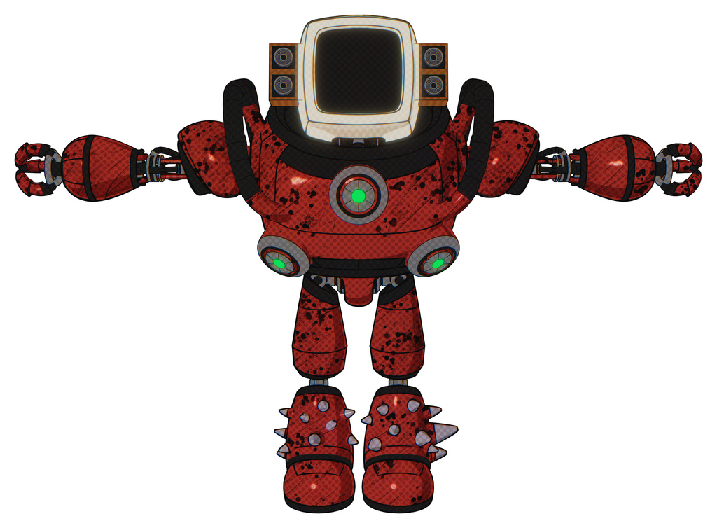Android containing old computer monitor and old retro speakers and heavy upper chest and chest green energy cores and light leg exoshielding and spike foot mod. Grunge dots cherry tomato red. T-pose.