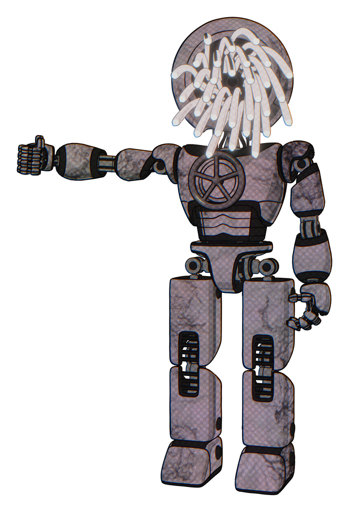 Droid containing round fiber optic connectors head and light chest exoshielding and chest valve crank and prototype exoplate legs. Dark dirty scrawl sketch. Arm out holding invisible object..