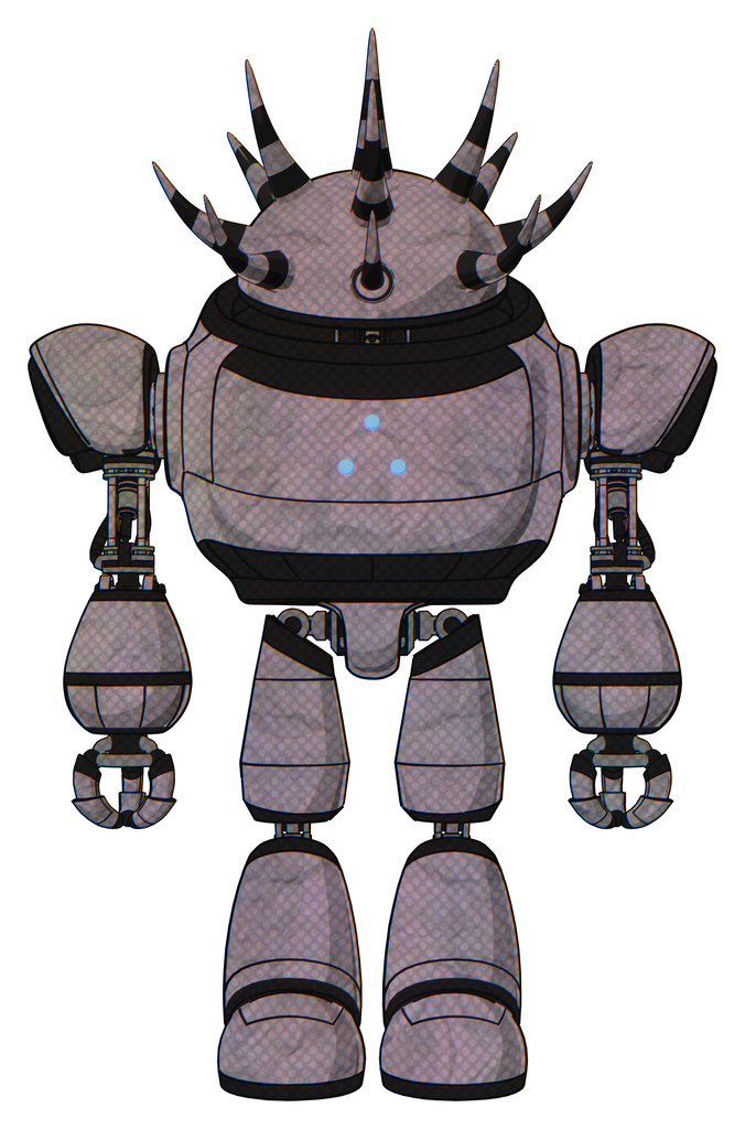 Cyborg containing black and white anemone dome head and heavy upper chest and triangle of blue leds and light leg exoshielding. Dark sketch. Front view.