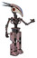 Robot containing bird skull head and red led circle eyes and head shield design and light chest exoshielding and no chest plating and prototype exoplate legs. Powder pink metal. Interacting.