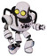 Droid containing round head and large yellow eyes and heavy upper chest and chest compound eyes and light leg exoshielding and megneto-hovers foot mod. White halftone toon. Fight or defense pose..