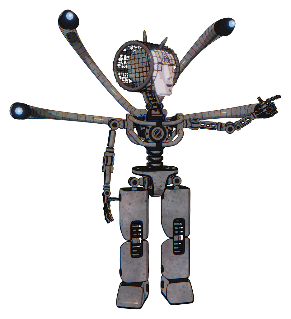 Bot containing humanoid face mask and spiral design and light chest exoshielding and blue-eye cam cable tentacles and no chest plating and prototype exoplate legs. Unpainted metal.
