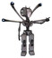 Bot containing humanoid face mask and spiral design and light chest exoshielding and blue-eye cam cable tentacles and no chest plating and prototype exoplate legs. Unpainted metal.