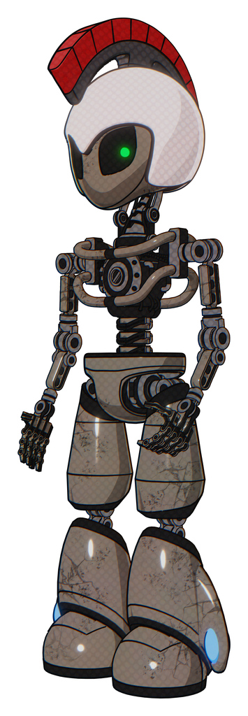 Mech containing grey alien style head and green inset eyes and galea roman soldier ornament and helmet and light chest exoshielding and no chest plating and light leg exoshielding. Patent khaki metal.