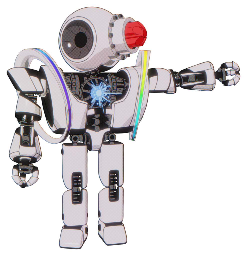 Robot containing round head and red laser crystal array and heavy upper chest and heavy mech chest and spectrum fusion core chest and prototype exoplate legs. White halftone toon.