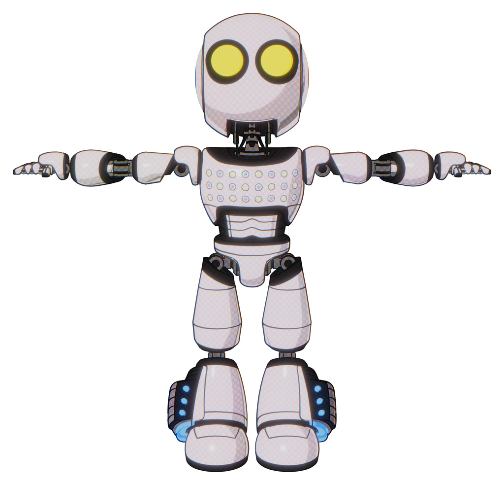 Droid containing round head and large yellow eyes and light chest exoshielding and chest green blue lights array and light leg exoshielding and megneto-hovers foot mod. White halftone toon. T-pose.