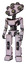 Bot containing many robo-eye domehead design and light chest exoshielding and ultralight chest exosuit and prototype exoplate legs. Sketch pad dots pattern. Standing looking right restful pose.