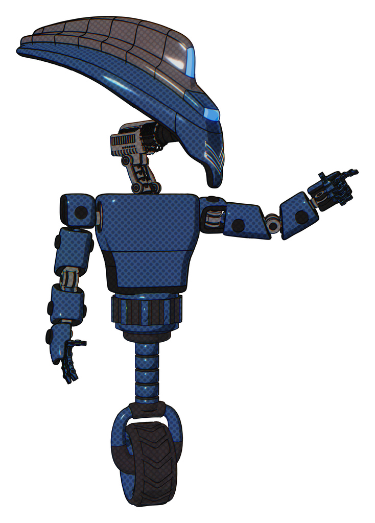Robot containing flat elongated skull head and visor and light chest exoshielding and prototype exoplate chest and unicycle wheel. Dark blue halftone. Pointing left or pushing a button..