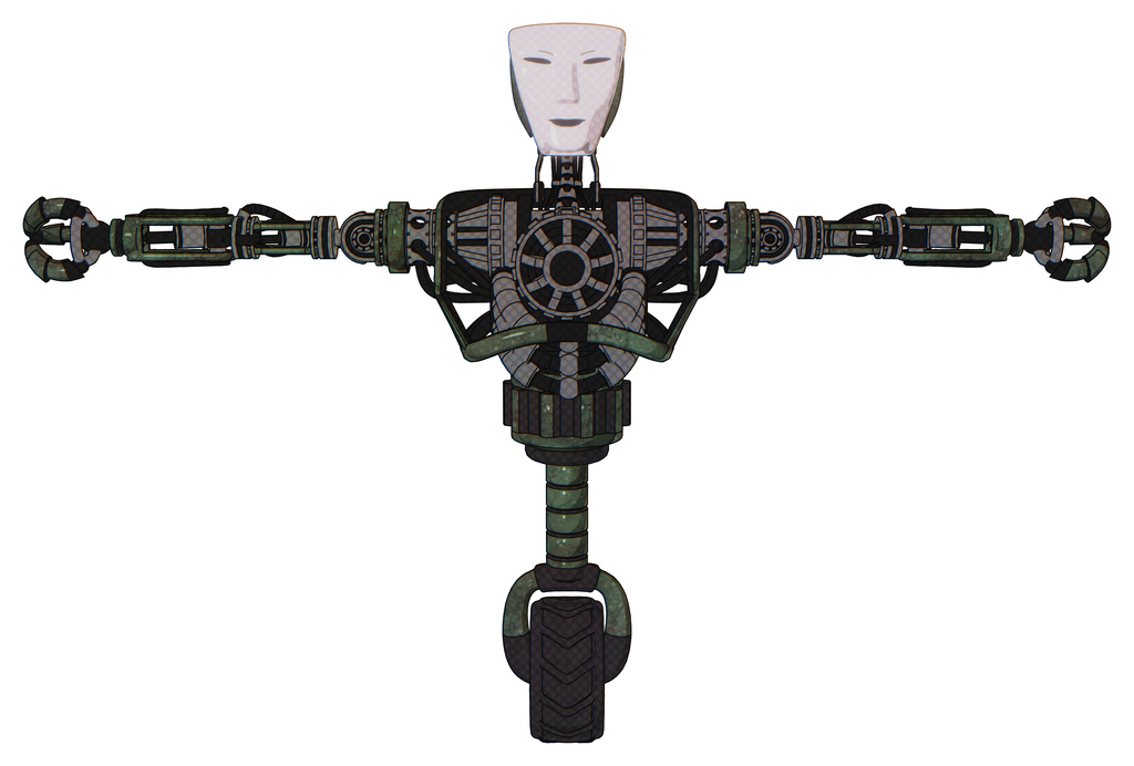 Droid containing humanoid face mask and heavy upper chest and no chest plating and unicycle wheel. Old corroded copper. T-pose.